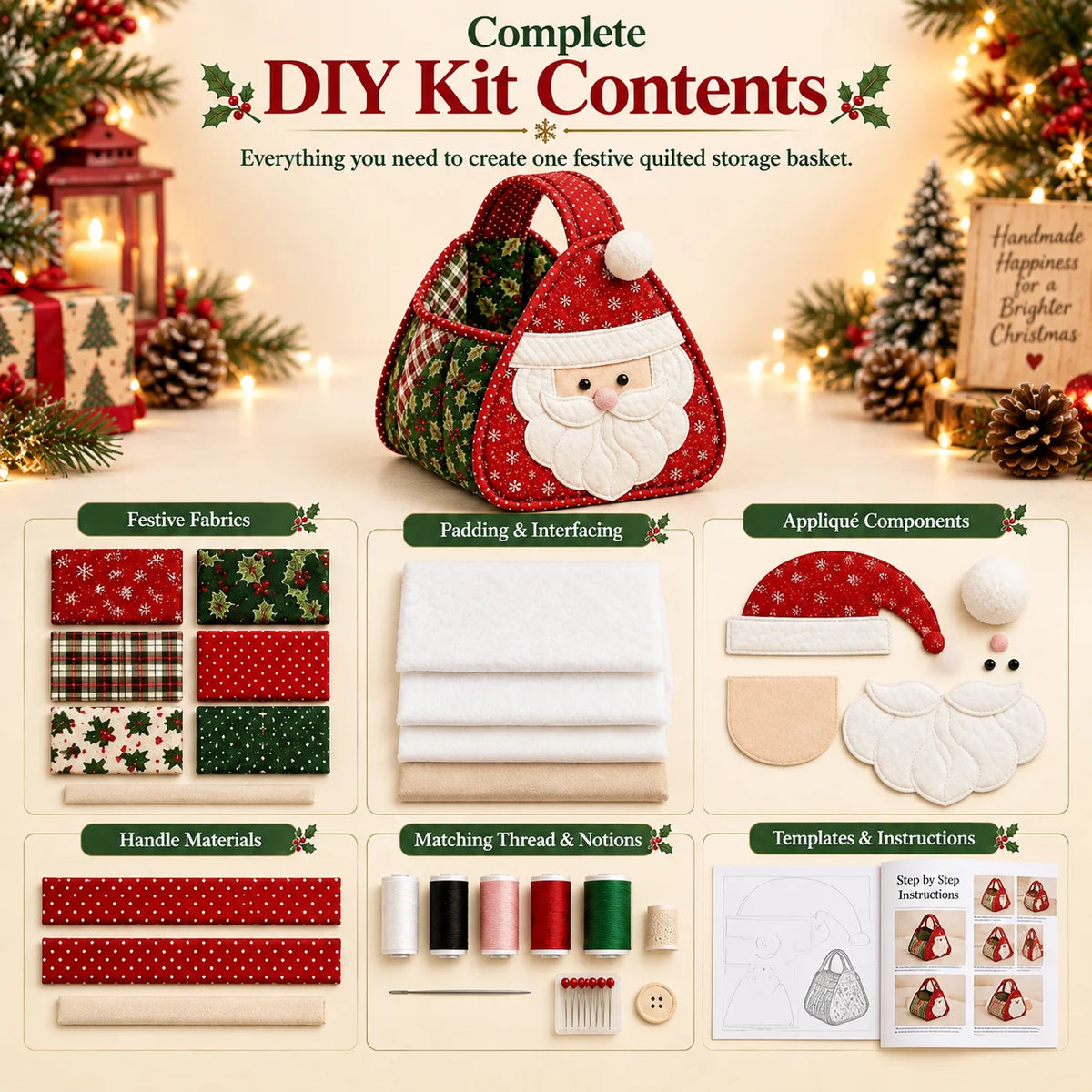 Santa Claus Quilted DIY Fabric Storage Basket Kit