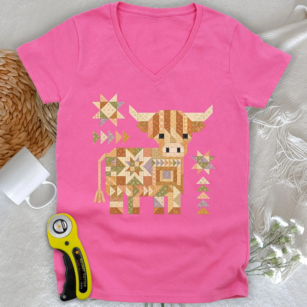 Patchwork Highland Cow Lady V-neck