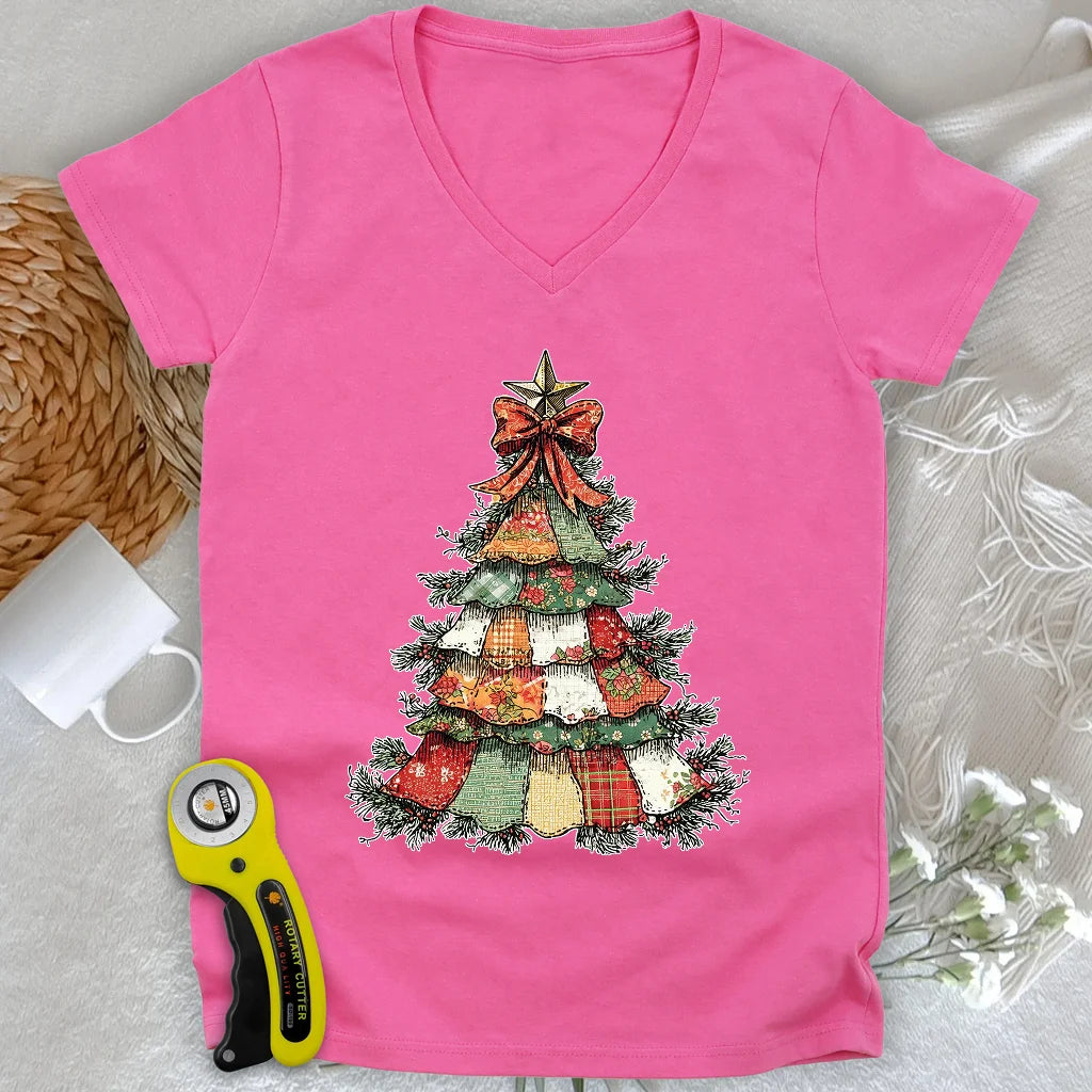 Patchwork Xmas Tree Lady V-neck