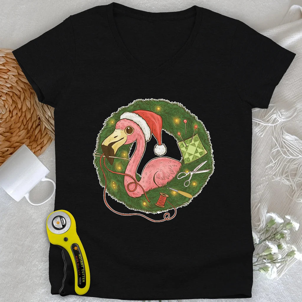 Flamingo's Quiltmas Wreath Lady V-neck