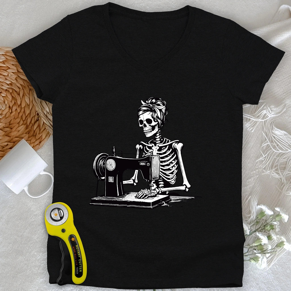 Quilting Skeleton Lady V-neck