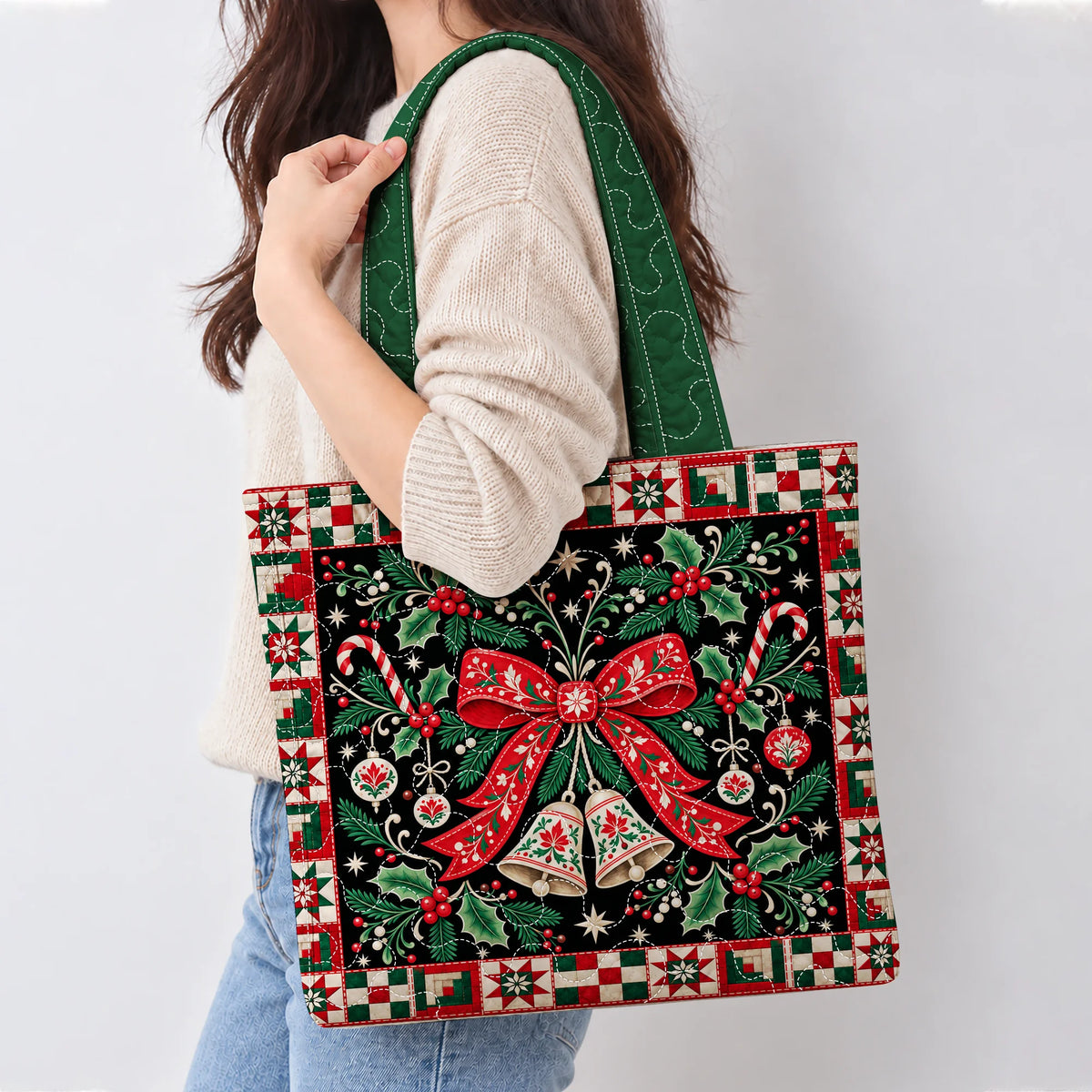 Christmas Bells & Bow Quilted Tote Bag