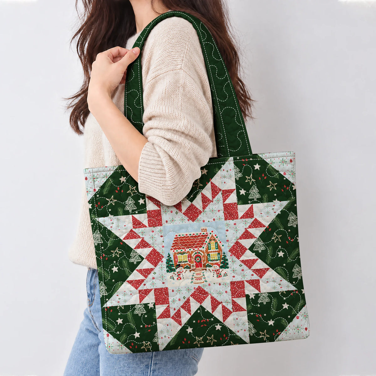 Holiday Cottage Patchwork Quilted Tote Bag