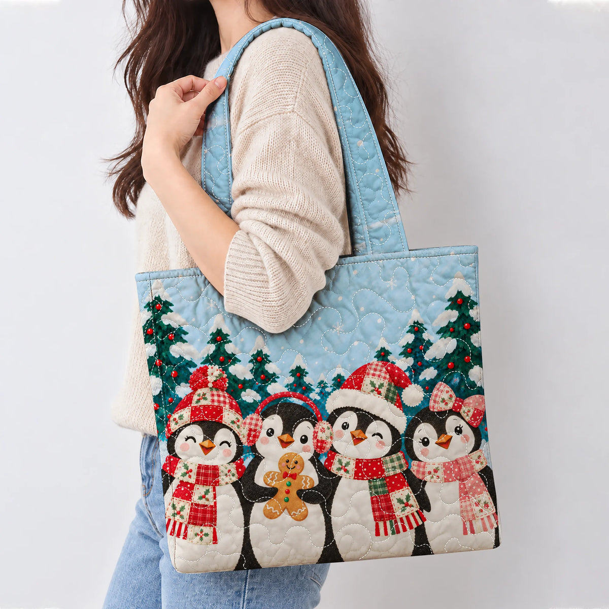 Merry Penguin Friends Quilted Tote Bag