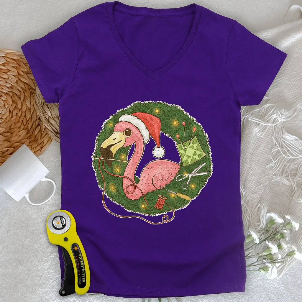 Flamingo's Quiltmas Wreath Lady V-neck