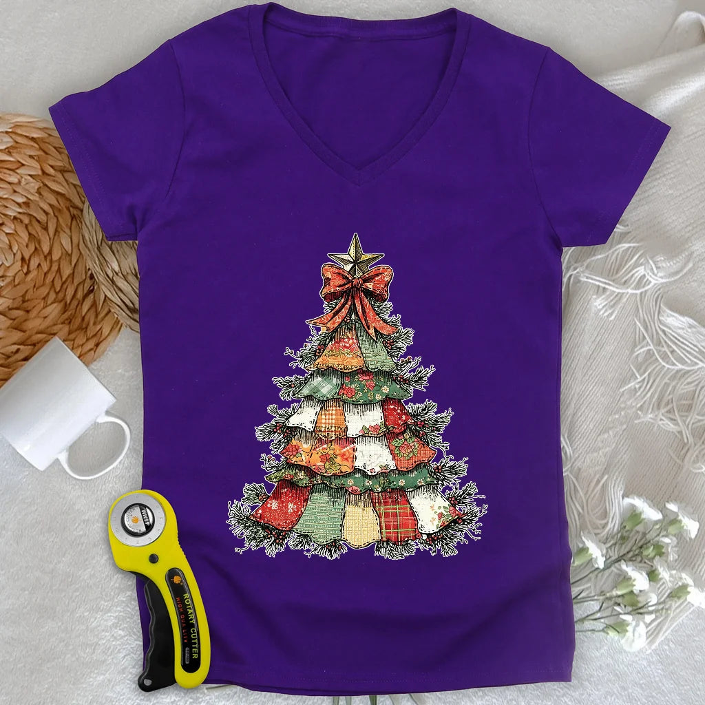 Patchwork Xmas Tree Lady V-neck