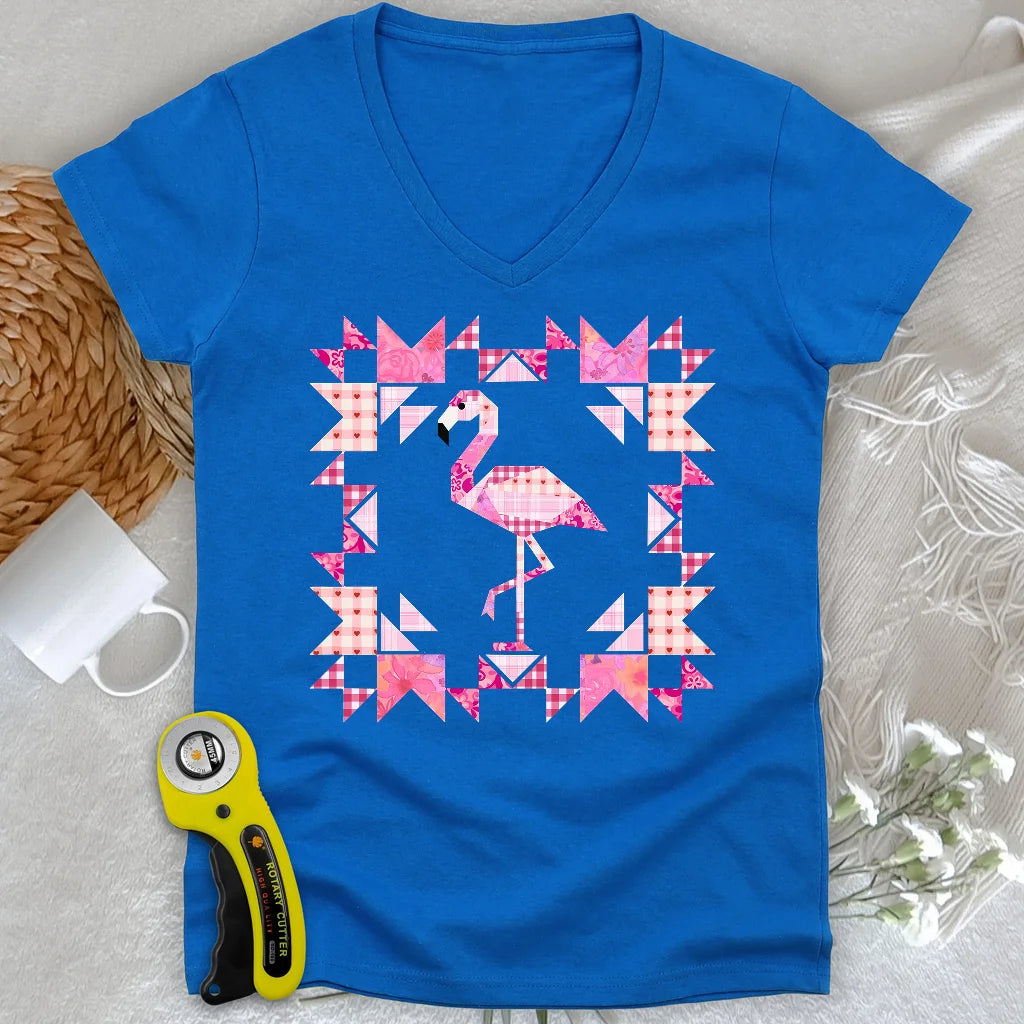 Patchwork Flamingo Panel Damen V-Ausschnitt