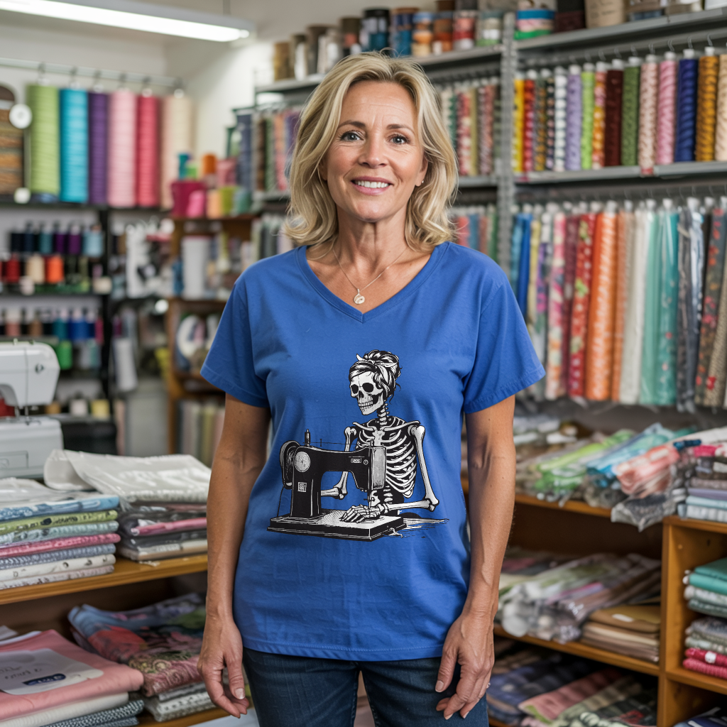 Quilting Skeleton Lady V-neck