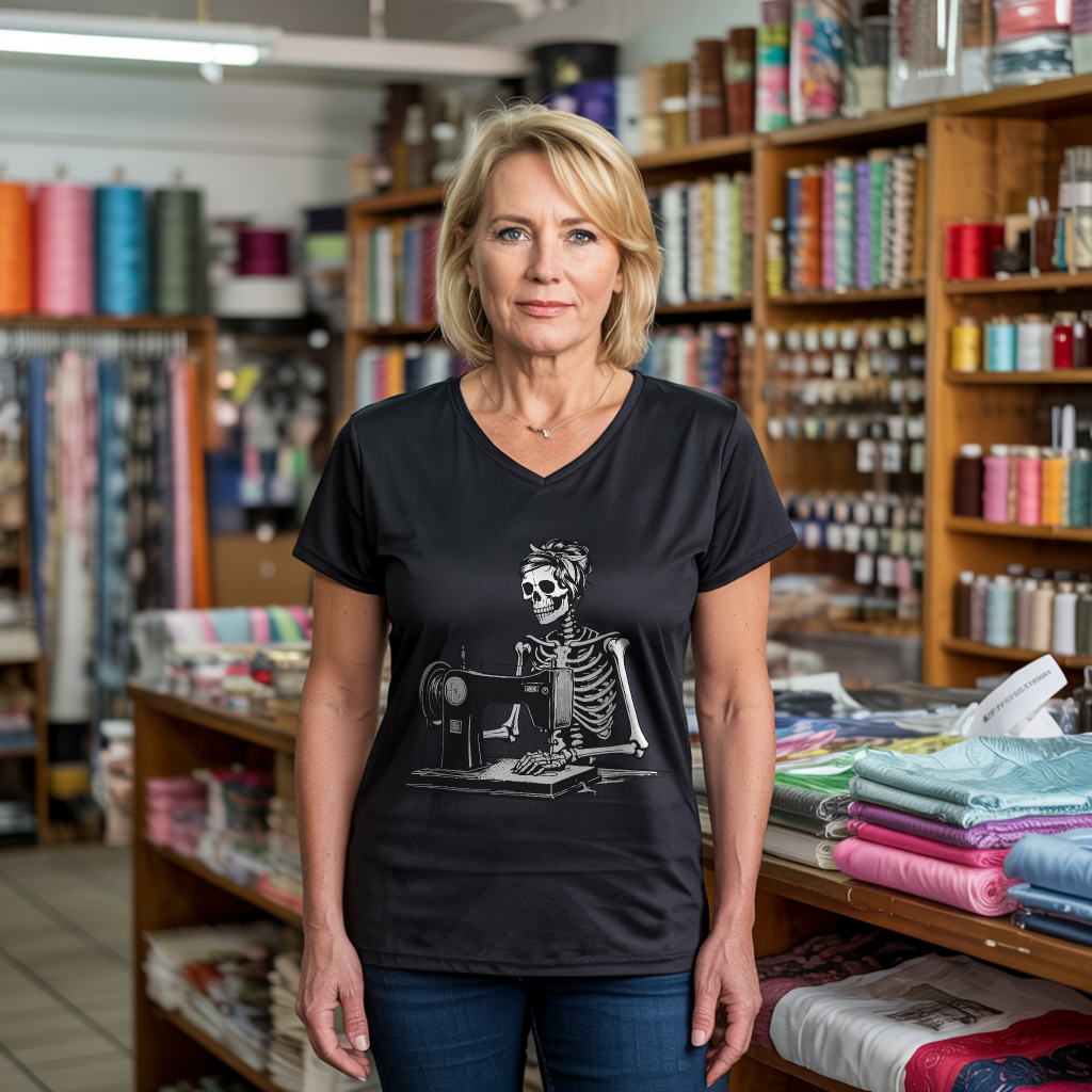 Quilting Skeleton Lady V-neck