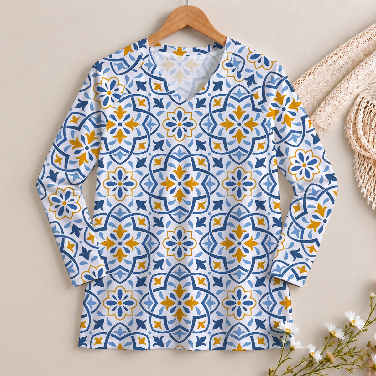 Sapphire Sun Tile Long Sleeve V-neck