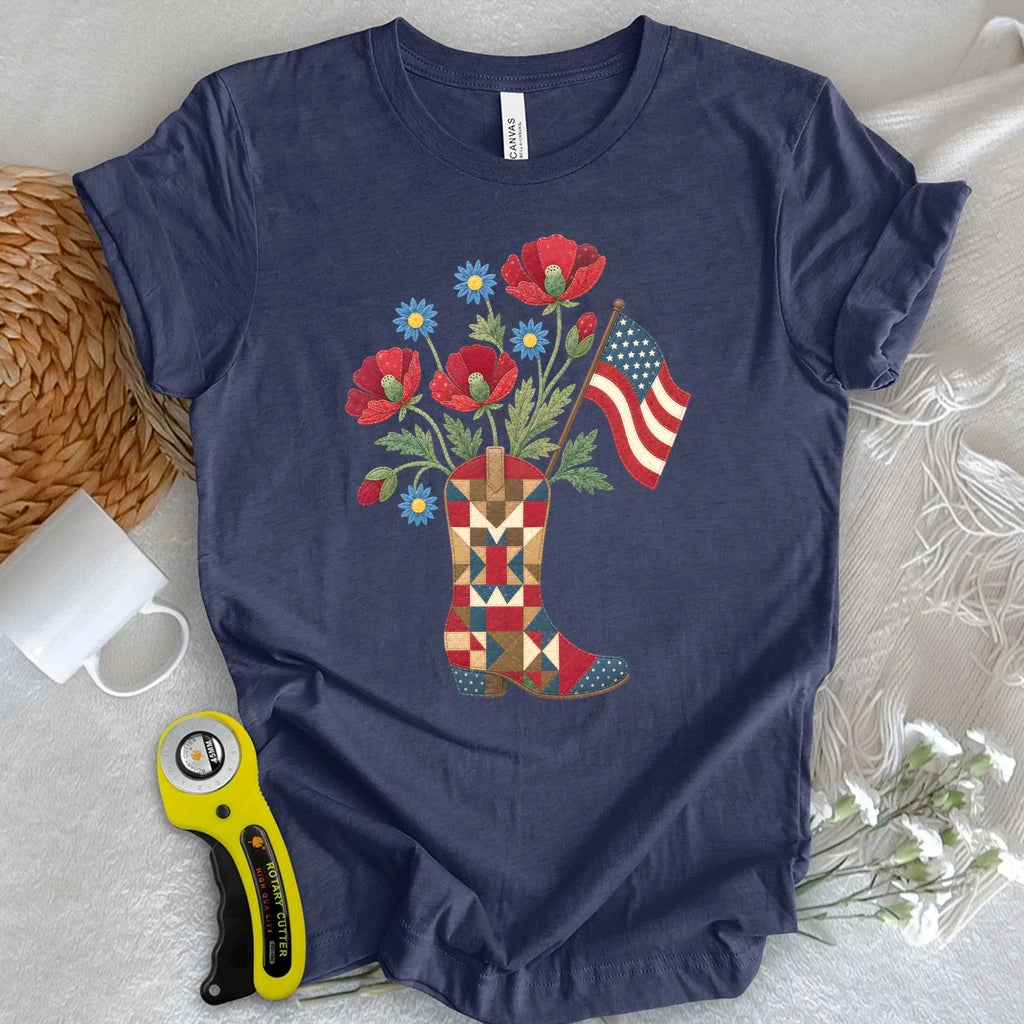 Patriotic Cowboy Boot Floral Appliqué T-shirt