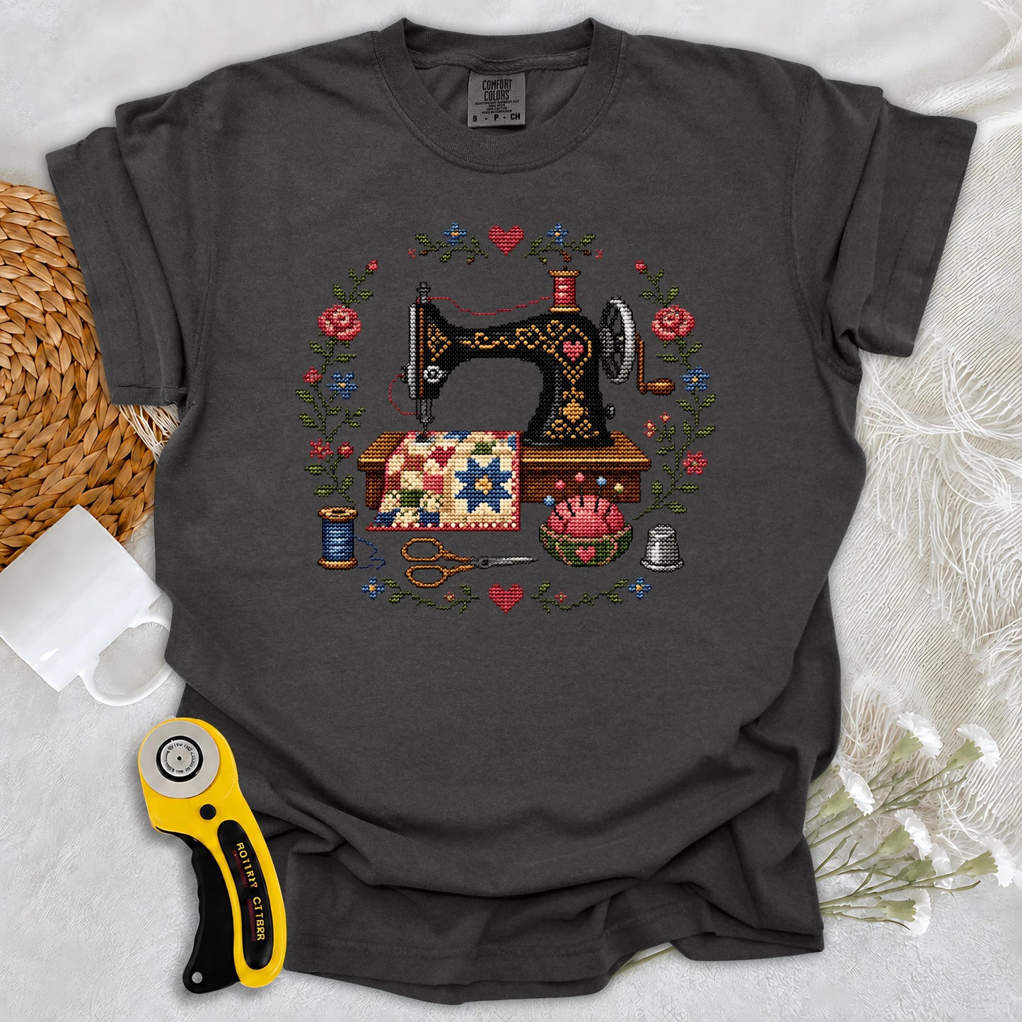 Comfort Colors Cross-Stitched Sewing Machine T-shirt