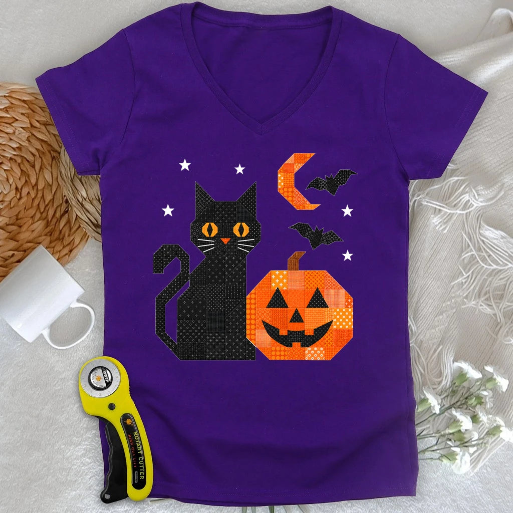 Patchwork Cat & Pumpkin Lady V-neck