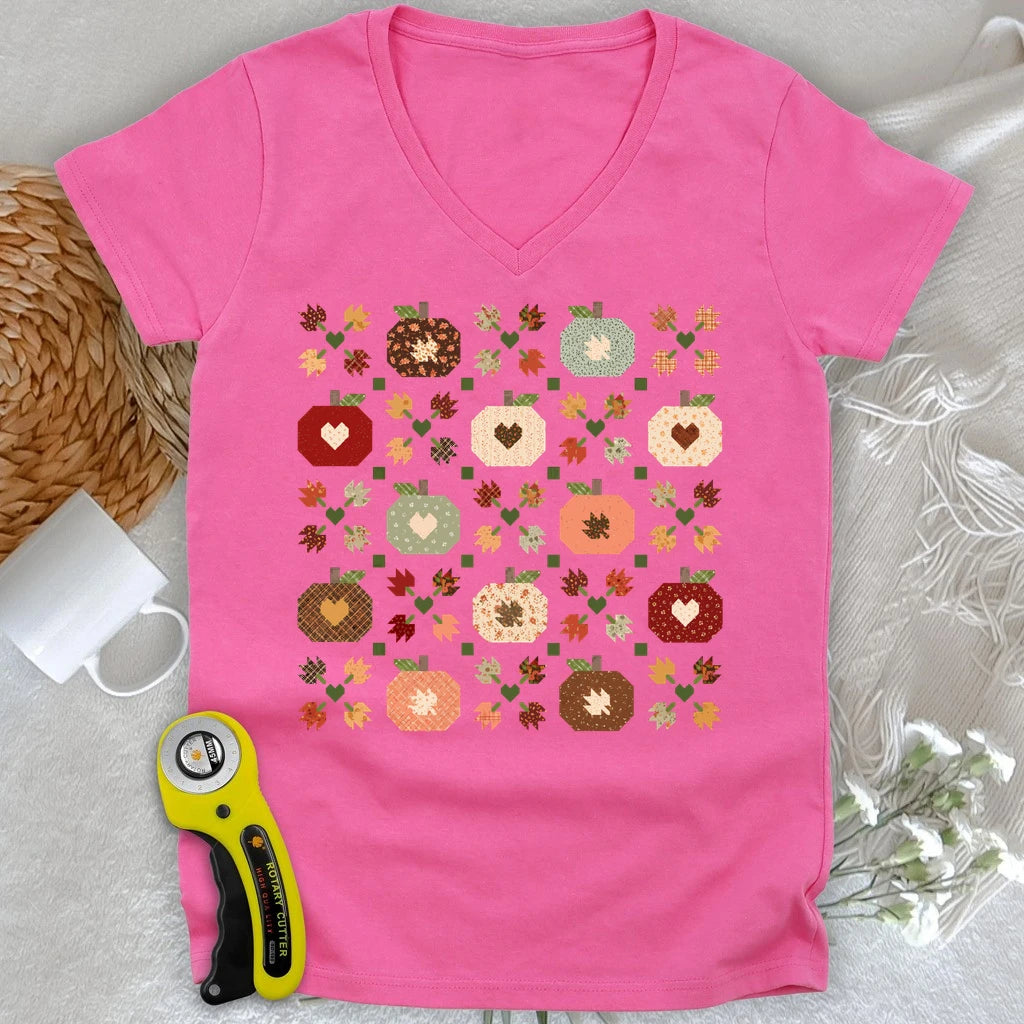 Autumn Patchwork Quilt Lady V-neck