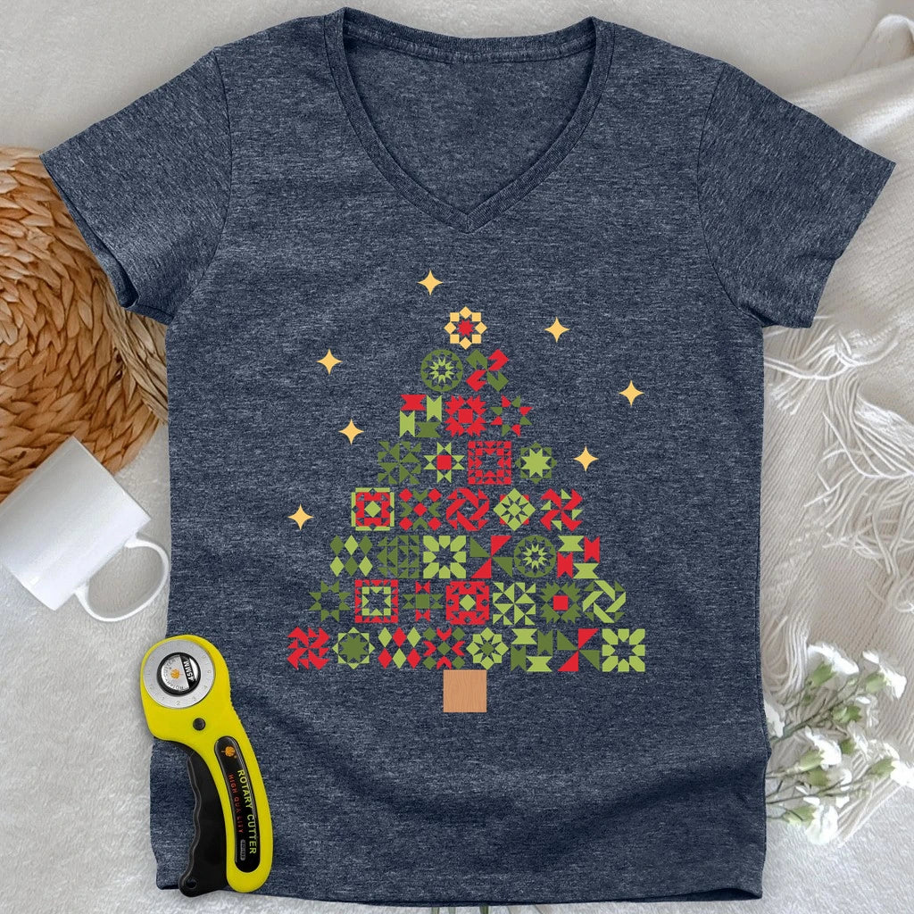 Christmas Tree Quilt Blocks Lady V-neck