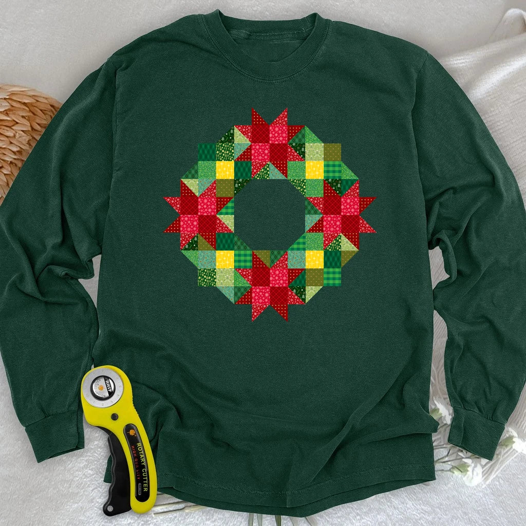 Patchwork Christmas Wreath Long Sleeve T-shirt