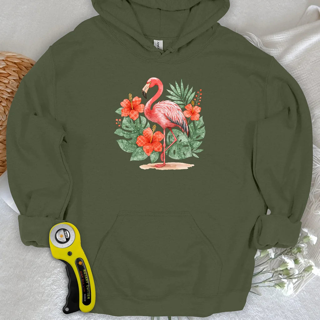 Sweat à capuche patchwork flamant rose et motifs floraux