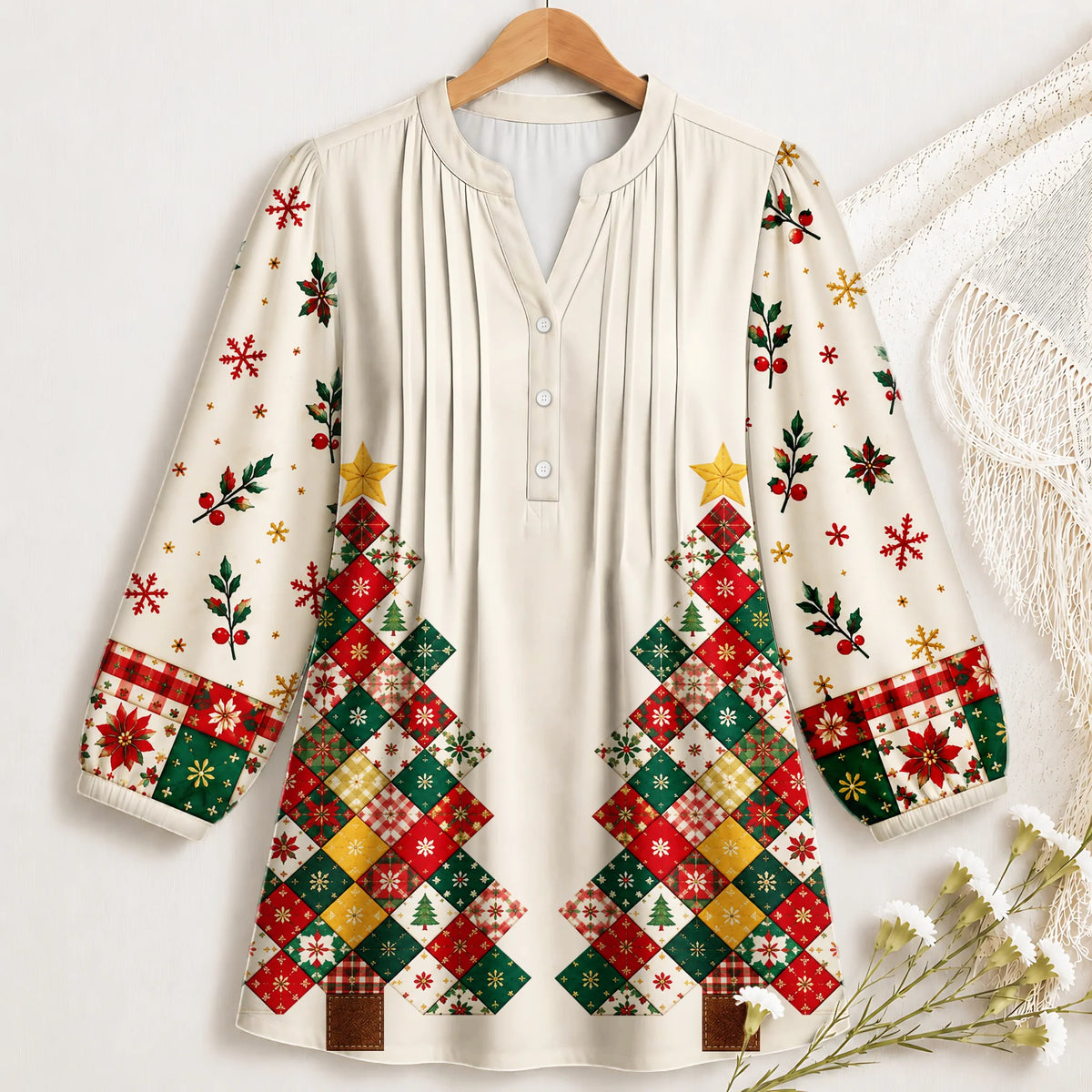 Christmas Quilt Tree Tunic Blouse