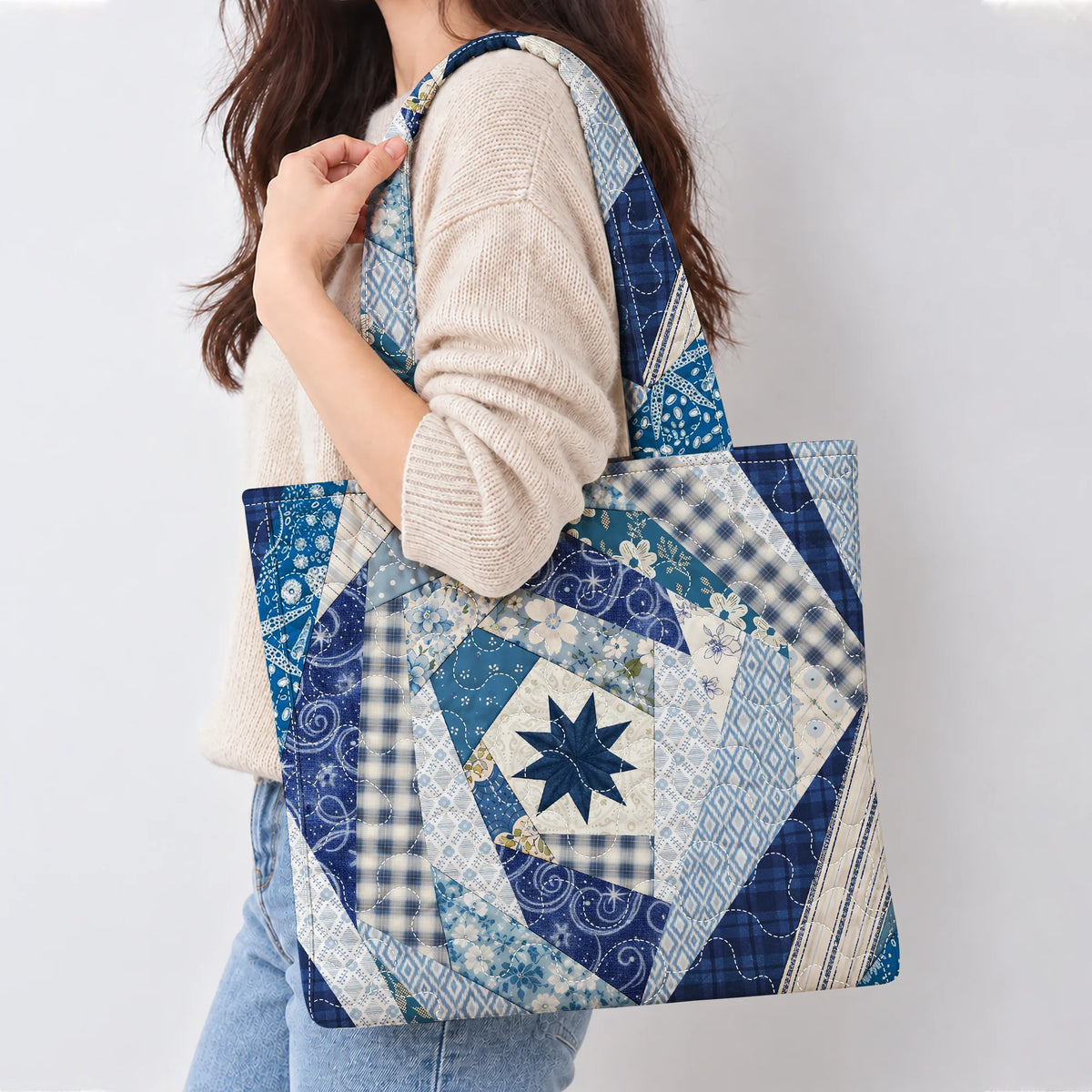 Blue Quilted Patchwork Quilted Tote Bag