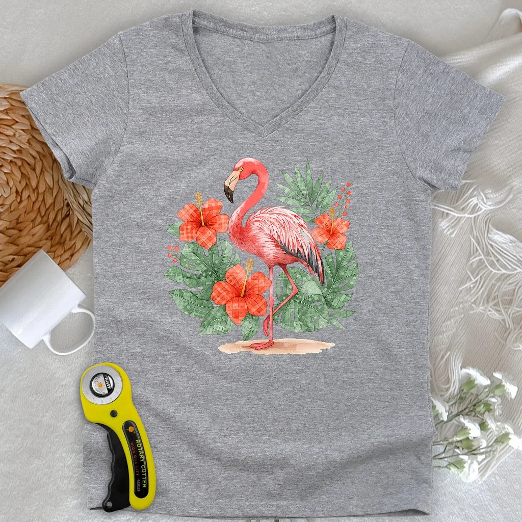 Flamingo- & Blumen-Patchwork-Damen-V-Ausschnitt