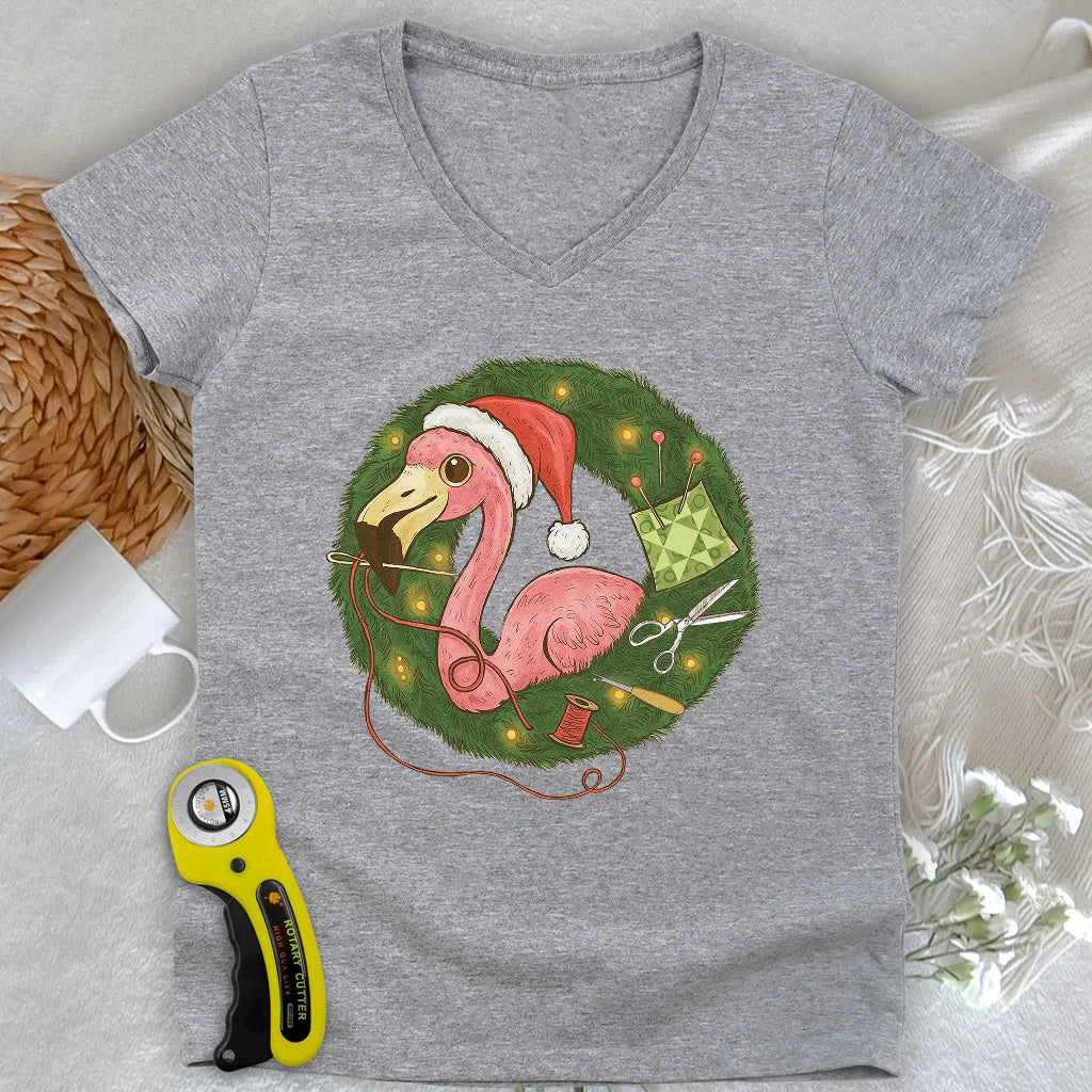 Flamingo's Quiltmas Wreath Lady V-neck