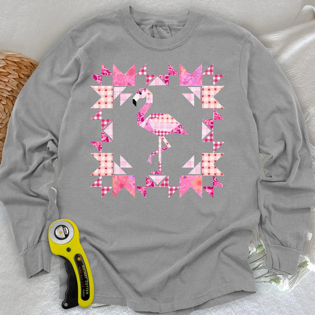 Patchwork-Flamingo-Panel-Langarmshirt