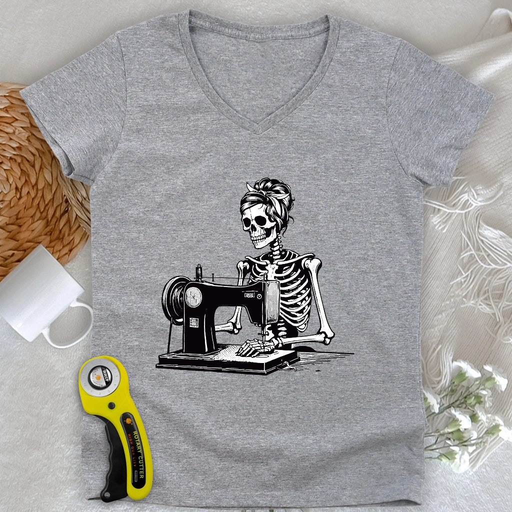 Quilting Skeleton Lady V-neck