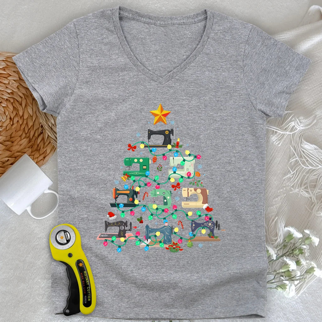 Sewing Christmas Tree Lady V-neck