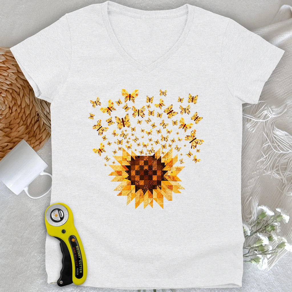 Sunflower Magic Quilt Bloom Lady V-neck