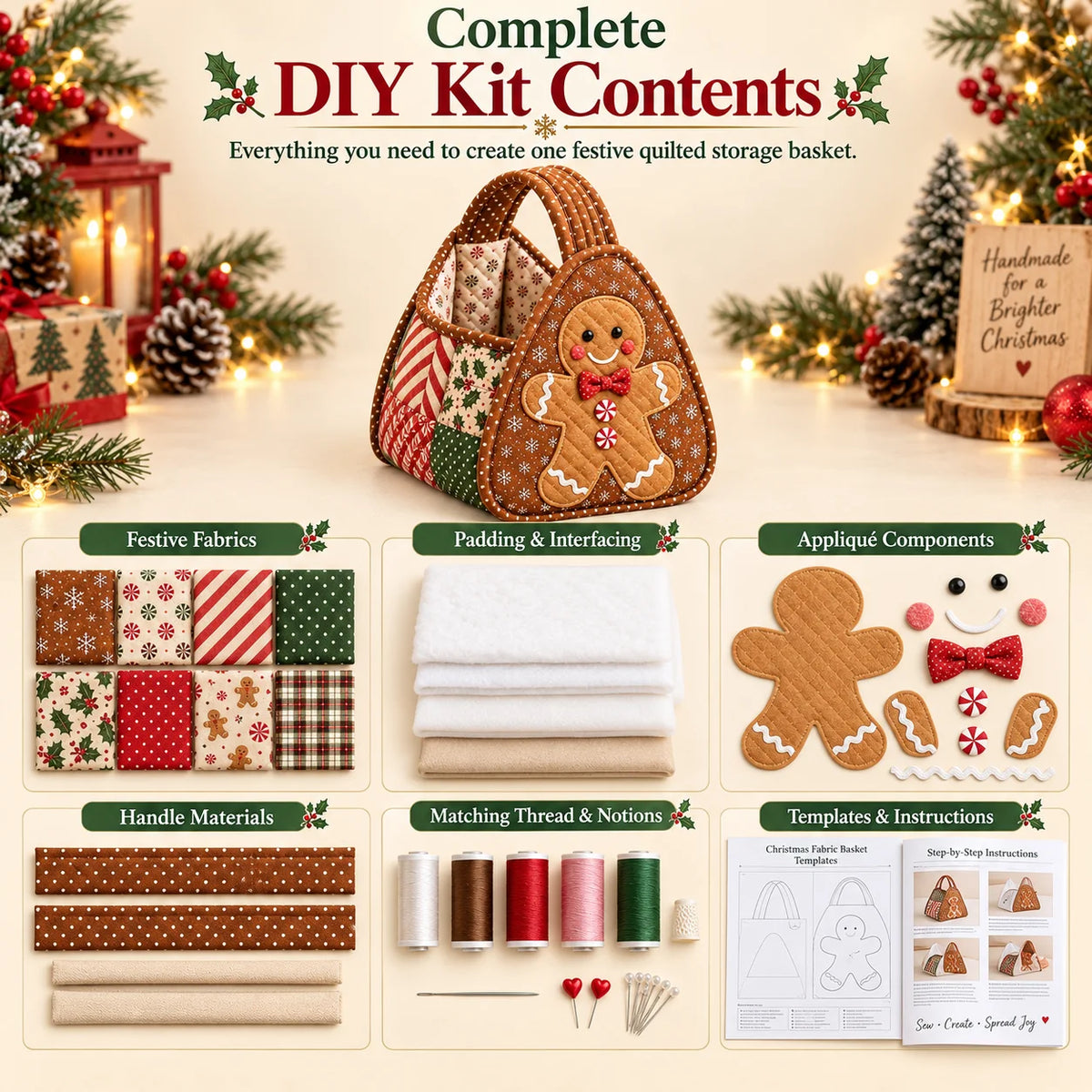 Gingerbread Man Quilted DIY Fabric Storage Basket Kit
