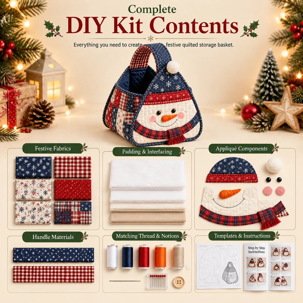 Snowman Quilted DIY Fabric Storage Basket Kit