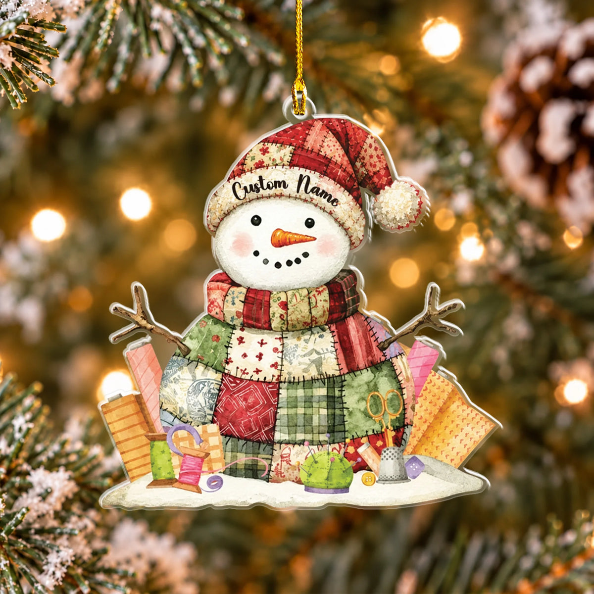 Personalized Quilting Snowman 2D Flat Ornament