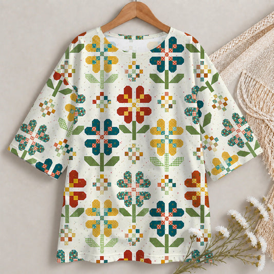 Flower Pattern 3/4 Sleeve T-shirt