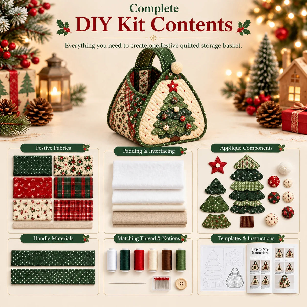 Christmas Tree Quilted DIY Fabric Storage Basket Kit