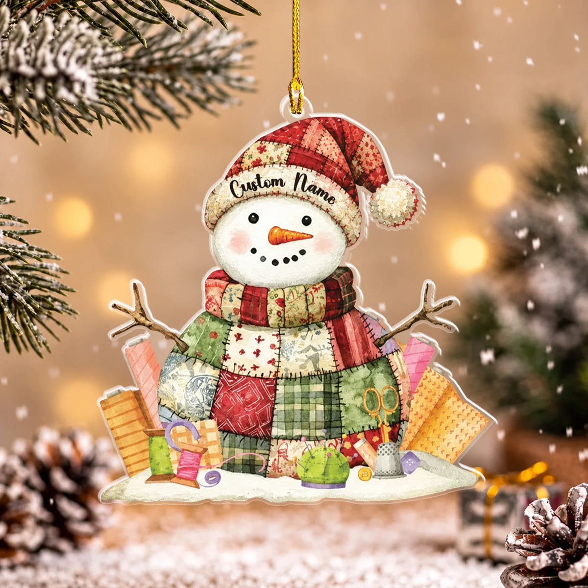 Personalized Quilting Snowman 2D Flat Ornament