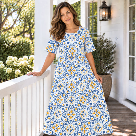 Sapphire Sun Tile Long Dress