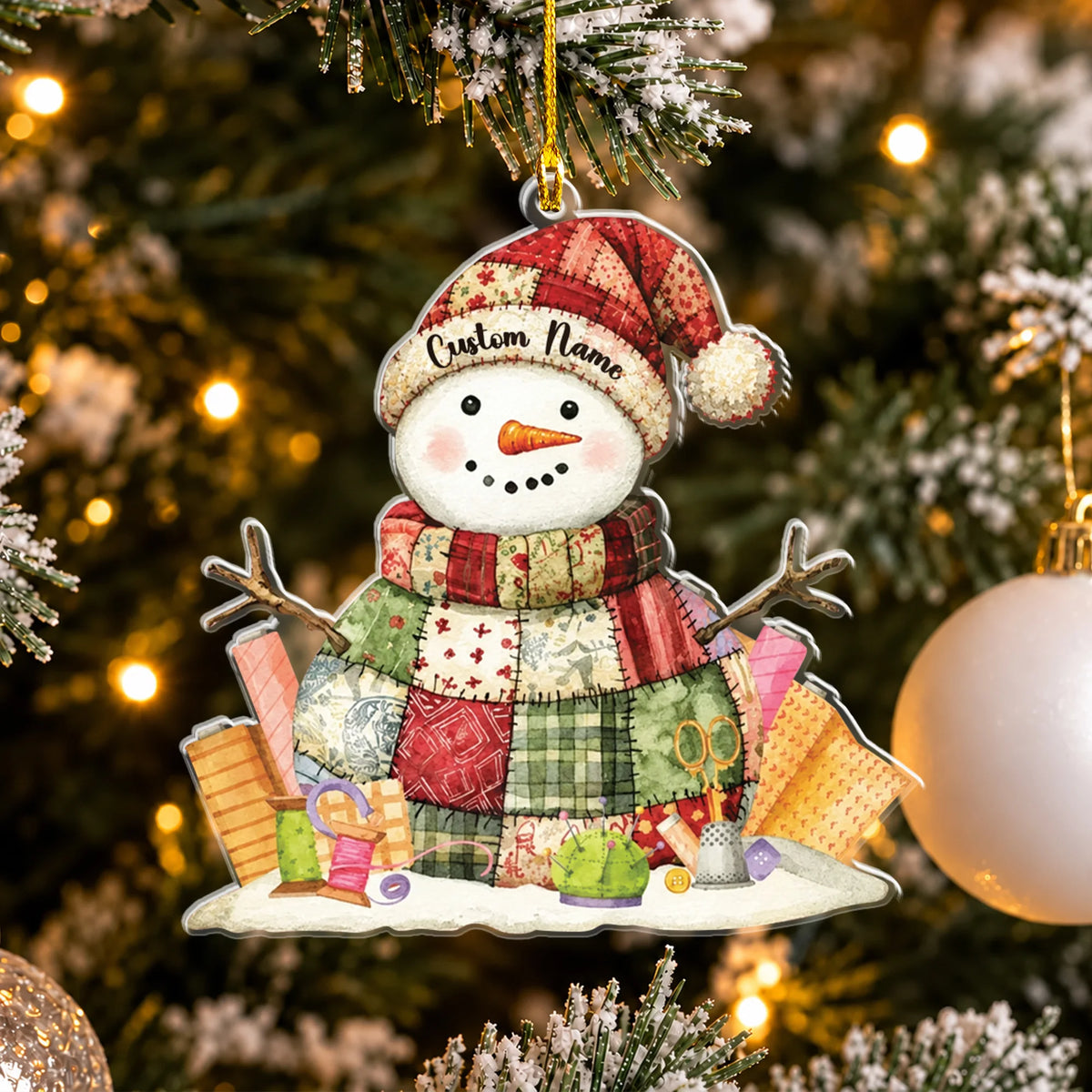 Personalized Quilting Snowman 2D Flat Ornament