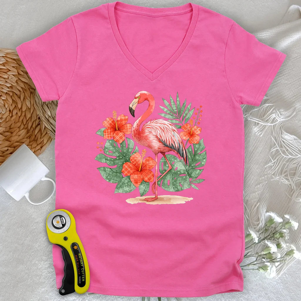 Flamingo- & Blumen-Patchwork-Damen-V-Ausschnitt