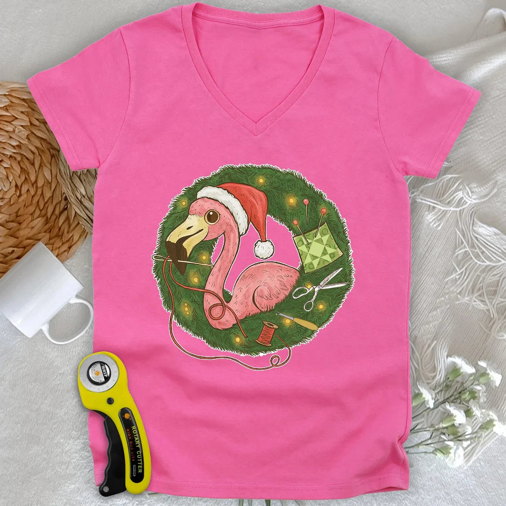 Flamingo's Quiltmas Wreath Lady V-neck