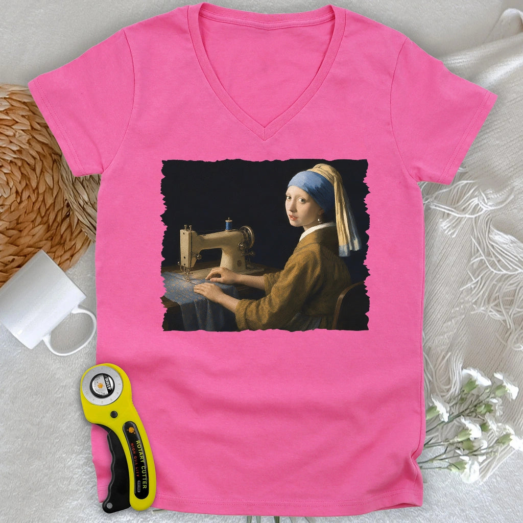 Girl With A Sewing Machine Lady V-neck