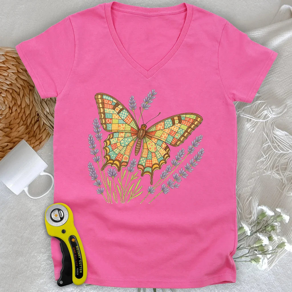 T-shirt papillon patchwork col en V pour femme