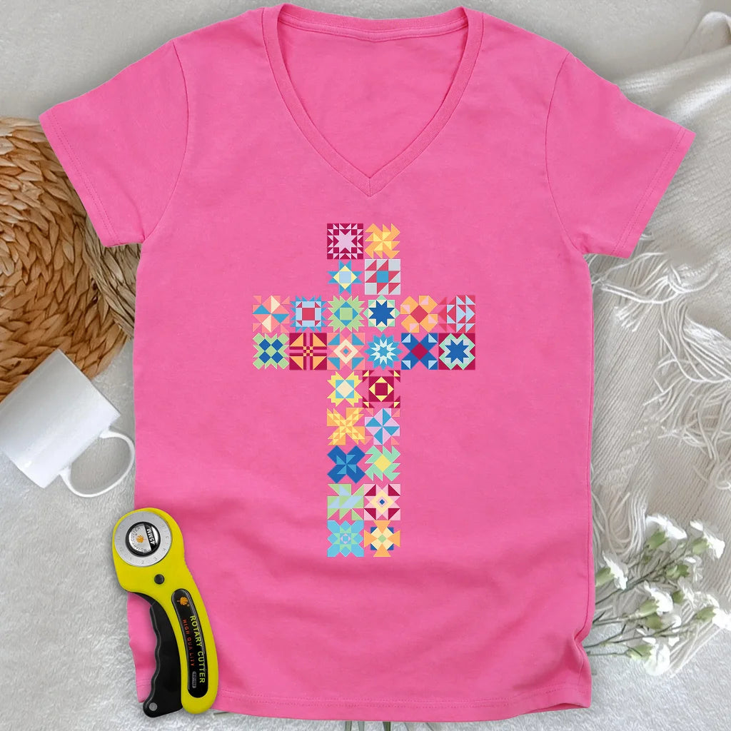 Patchwork Faith Cross Lady V-neck