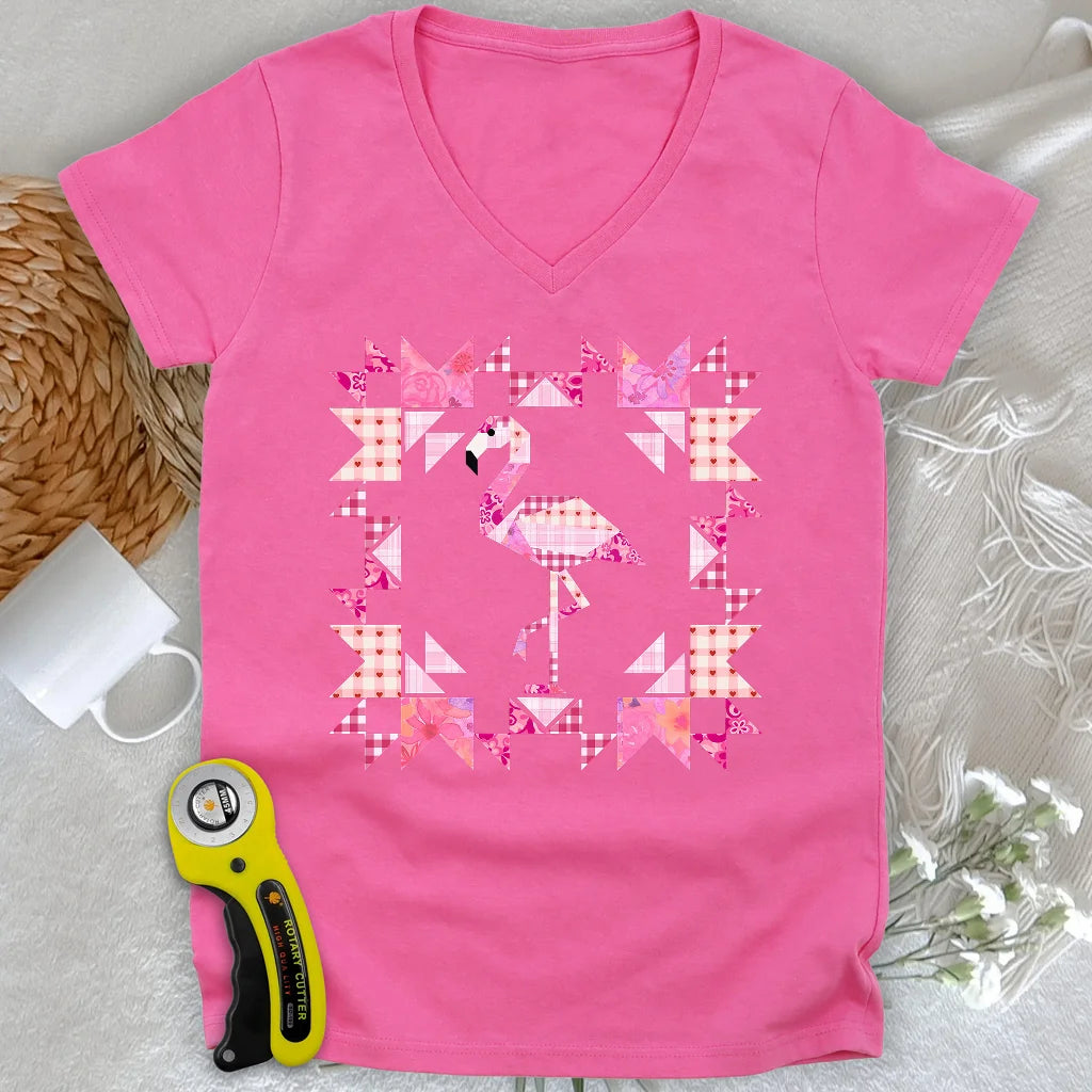 Patchwork Flamingo Panel Damen V-Ausschnitt