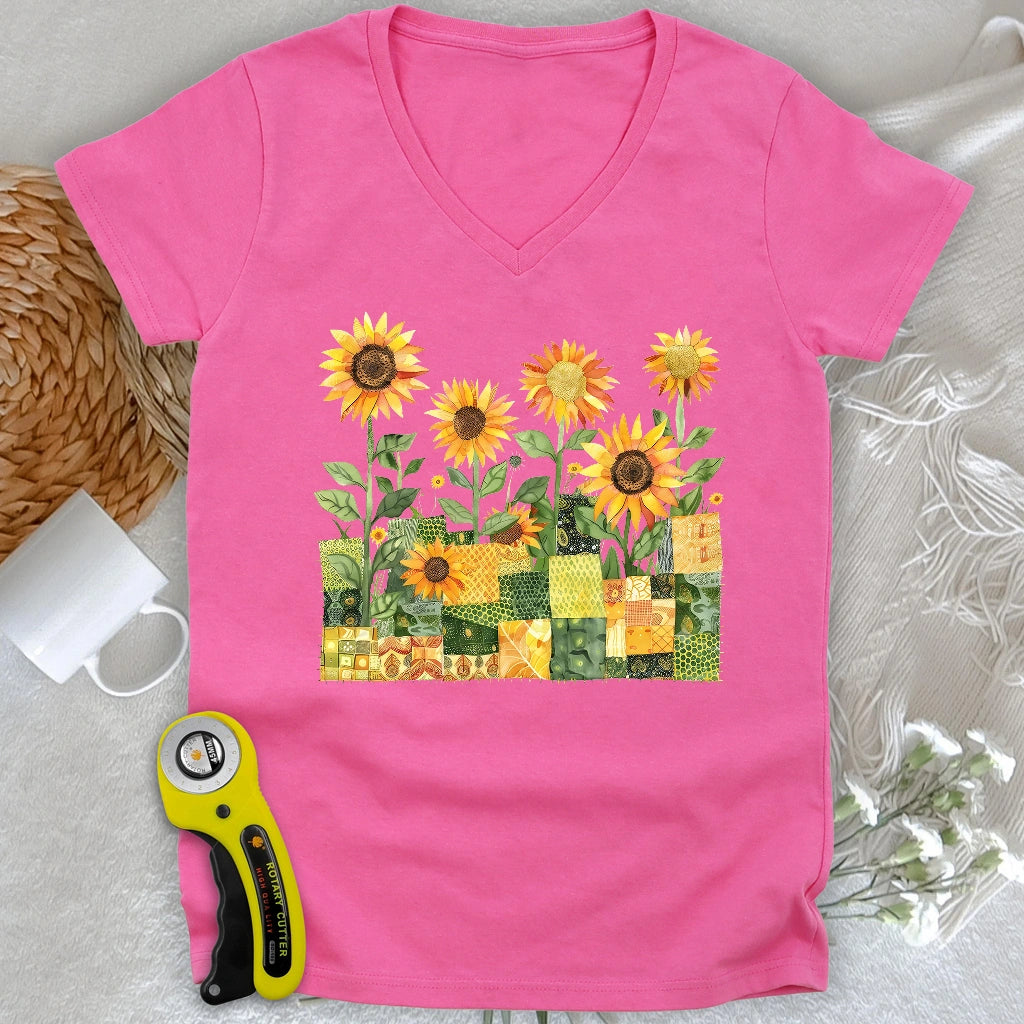 Quilted Sunflower Field Lady V-neck