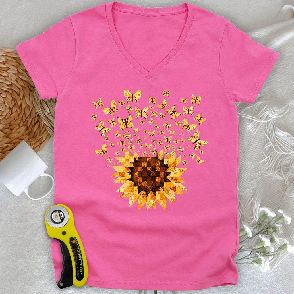 Sunflower Magic Quilt Bloom Lady V-neck