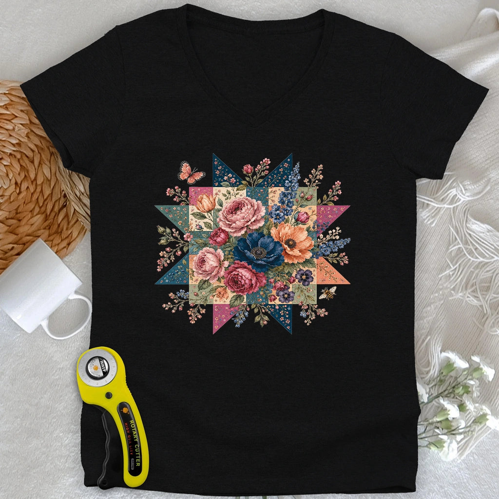 Blooming Patchwork Star Lady V-neck