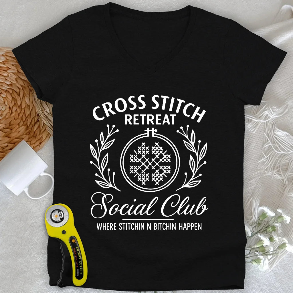 Cross Stitch Retreat Lady V-neck