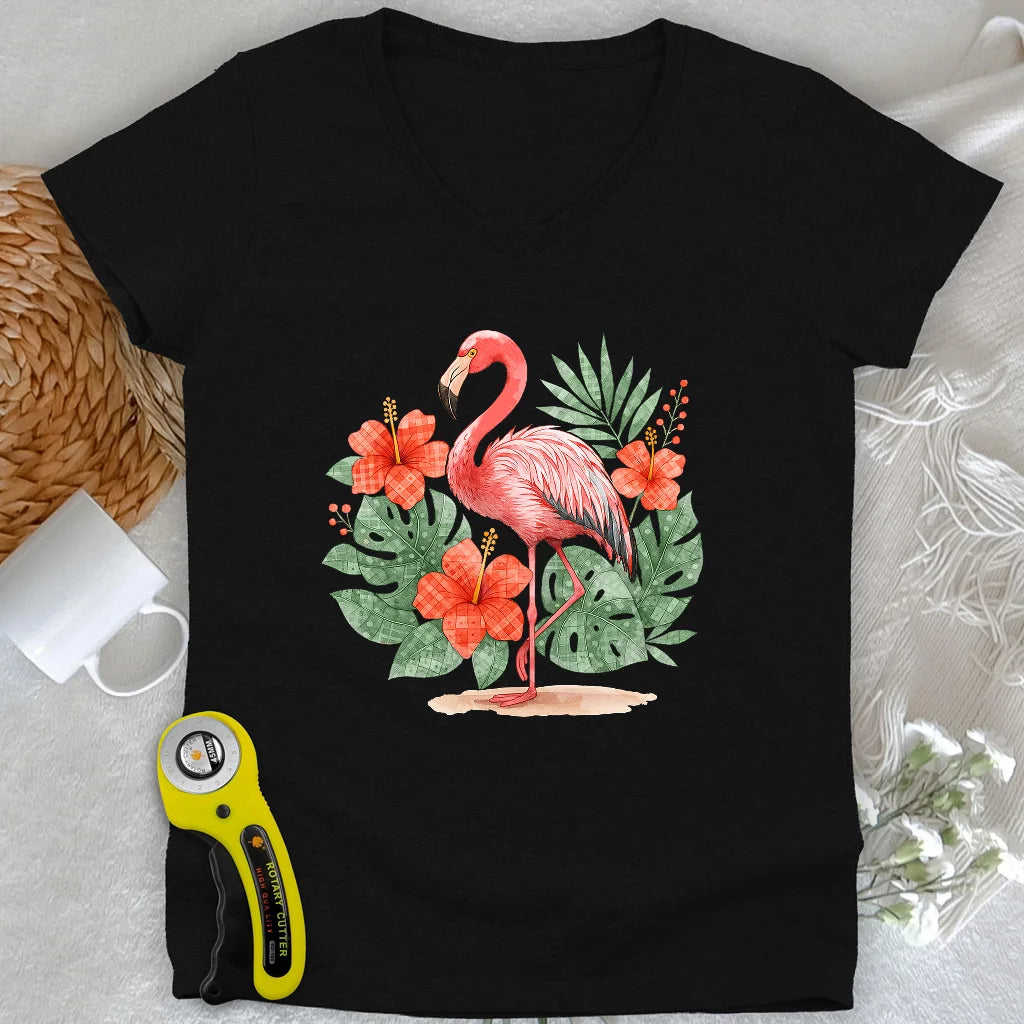 Flamingo- & Blumen-Patchwork-Damen-V-Ausschnitt