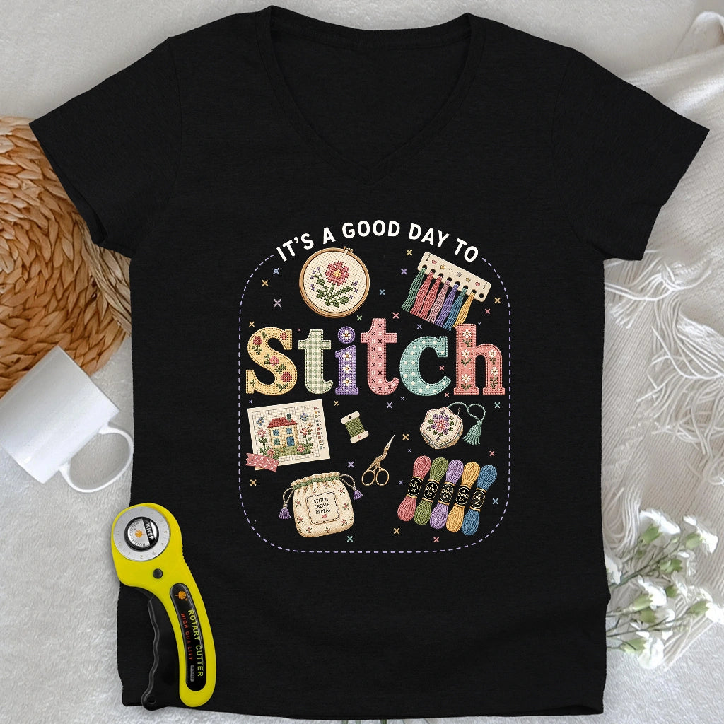 Good Day To Cross Stitch Lady V-neck