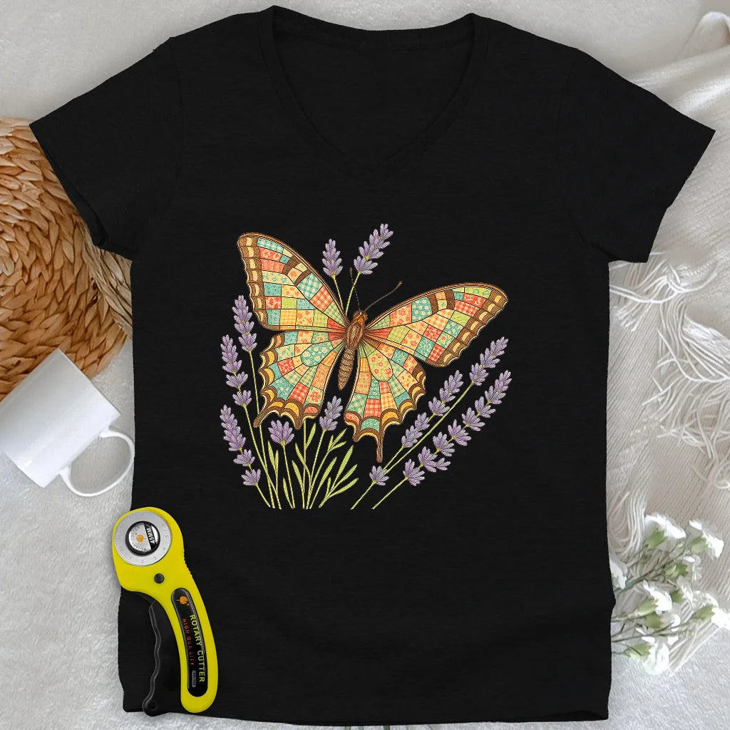 T-shirt papillon patchwork col en V pour femme